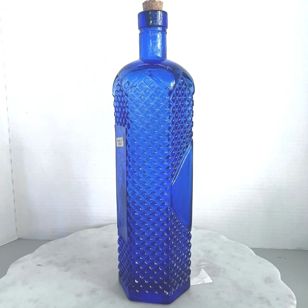 Cobalt Blue Glass‎ Bottle Hexagon Shaped w Cork Spain Diamond Embossed 12X3.5